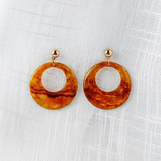 New Minimalist Vintage Brown Acrylic Wooden Surround Long Earrings  Women Antique Round Large Drop Earrings Gift