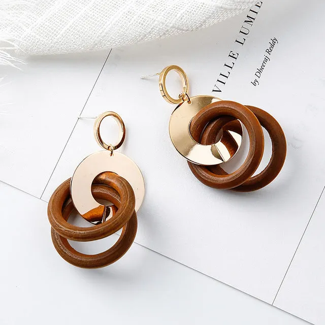 New Minimalist Vintage Brown Acrylic Wooden Surround Long Earrings  Women Antique Round Large Drop Earrings Gift