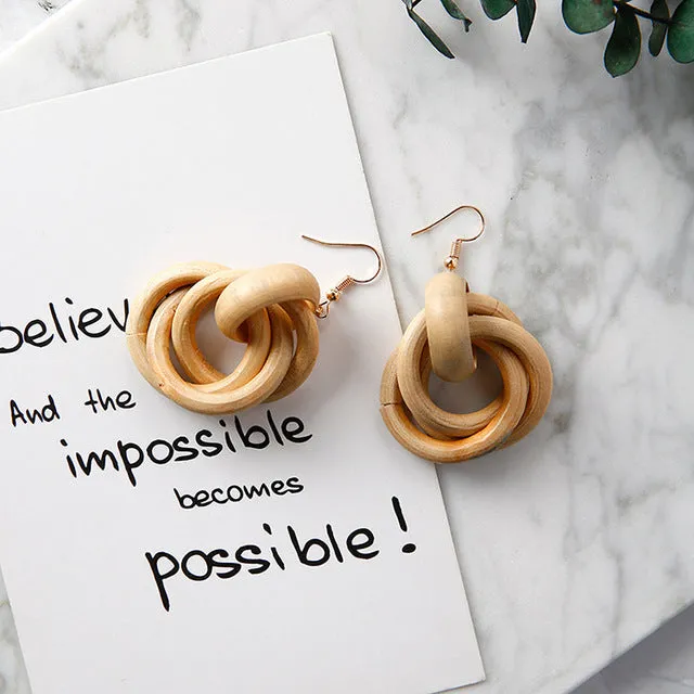 New Minimalist Vintage Brown Acrylic Wooden Surround Long Earrings  Women Antique Round Large Drop Earrings Gift