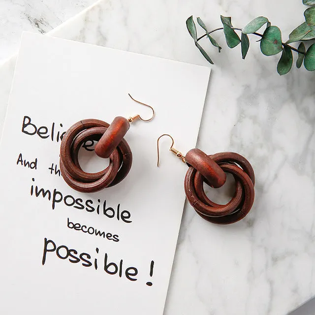 New Minimalist Vintage Brown Acrylic Wooden Surround Long Earrings  Women Antique Round Large Drop Earrings Gift
