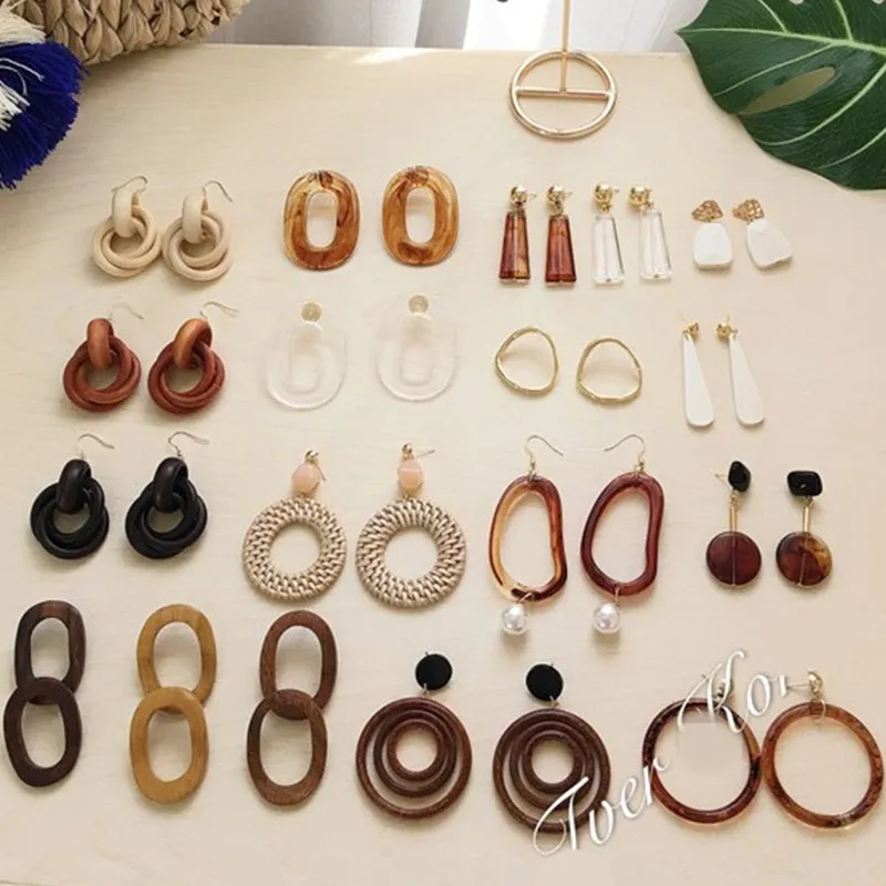 New Minimalist Vintage Brown Acrylic Wooden Surround Long Earrings  Women Antique Round Large Drop Earrings Gift
