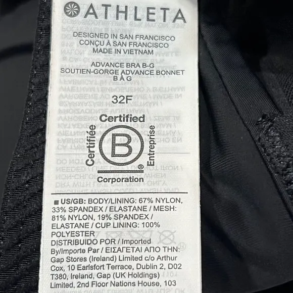 NWT ATHLETA Advance Bra 32F Black Adjustable Straps