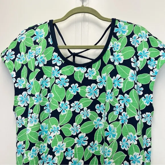 NWT Talbots Open Back Short Sleeve Dress XL Green and Navy Floral Cap Sleeve