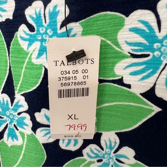 NWT Talbots Open Back Short Sleeve Dress XL Green and Navy Floral Cap Sleeve