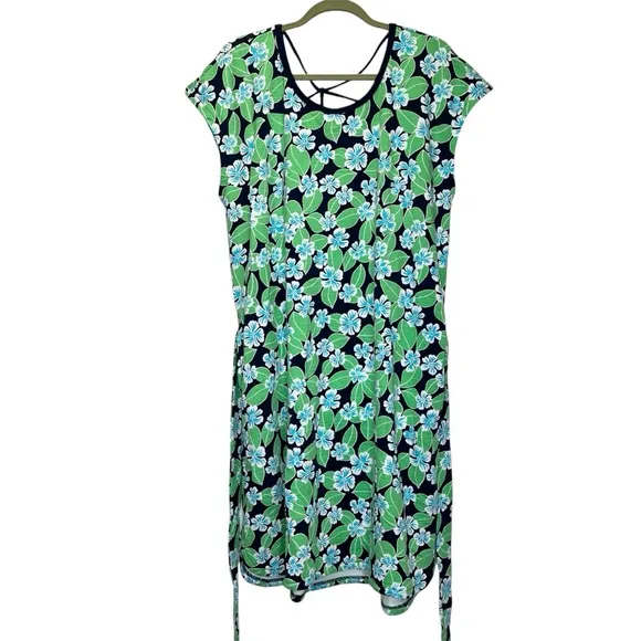 NWT Talbots Open Back Short Sleeve Dress XL Green and Navy Floral Cap Sleeve