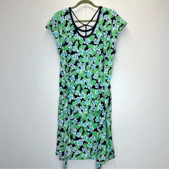 NWT Talbots Open Back Short Sleeve Dress XL Green and Navy Floral Cap Sleeve