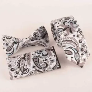 One Set Coffee Color Paisley Pattern Tie Handkercheif and Bow Tie - Coffee