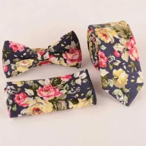 One Set Flower Leaf Pattern Purplish Blue Tie Handkercheif and Bow Tie - Purplish Blue