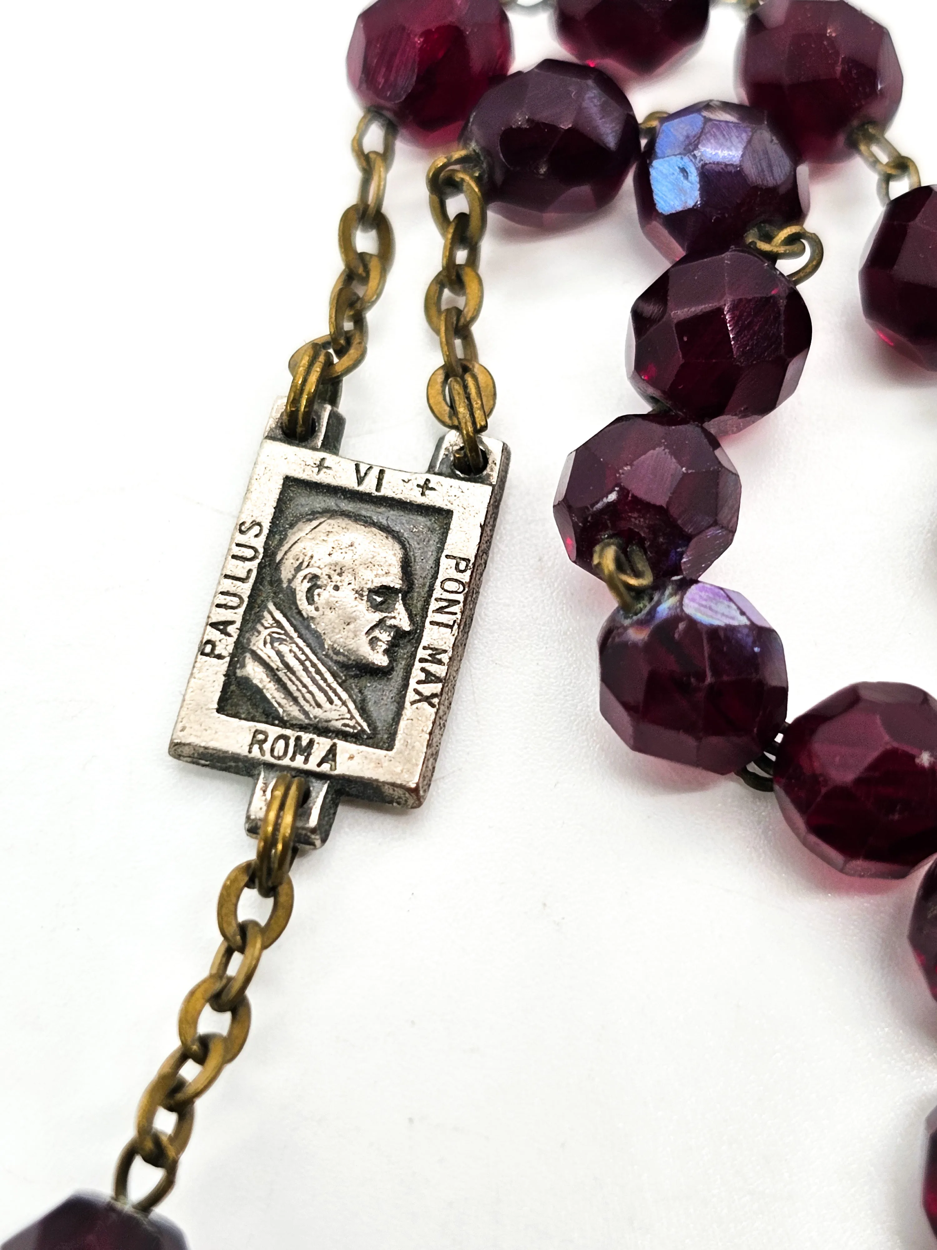 Paulus Point Max deep Red Austrian crystal Aurora borealis crucifix Rosary