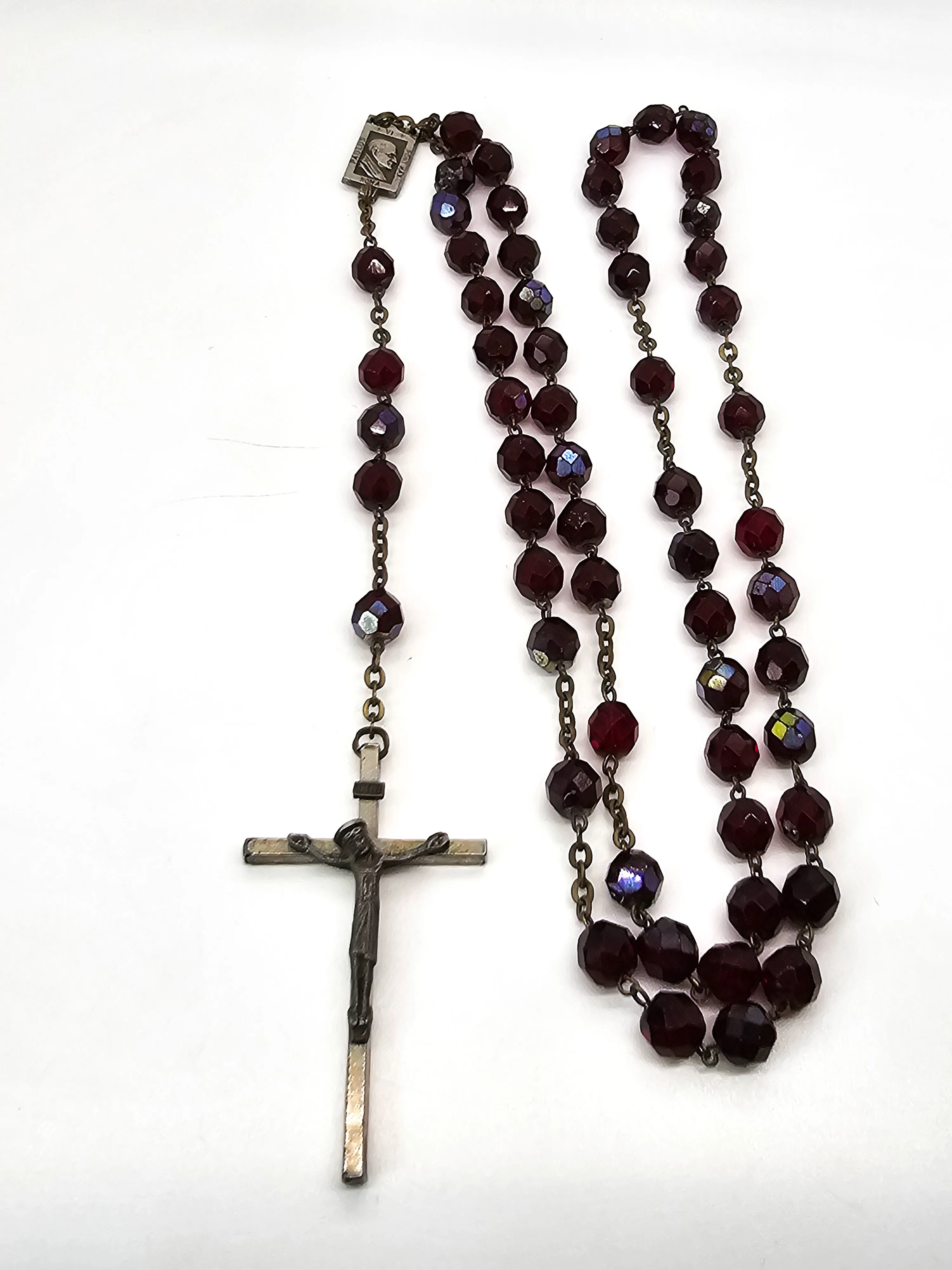 Paulus Point Max deep Red Austrian crystal Aurora borealis crucifix Rosary