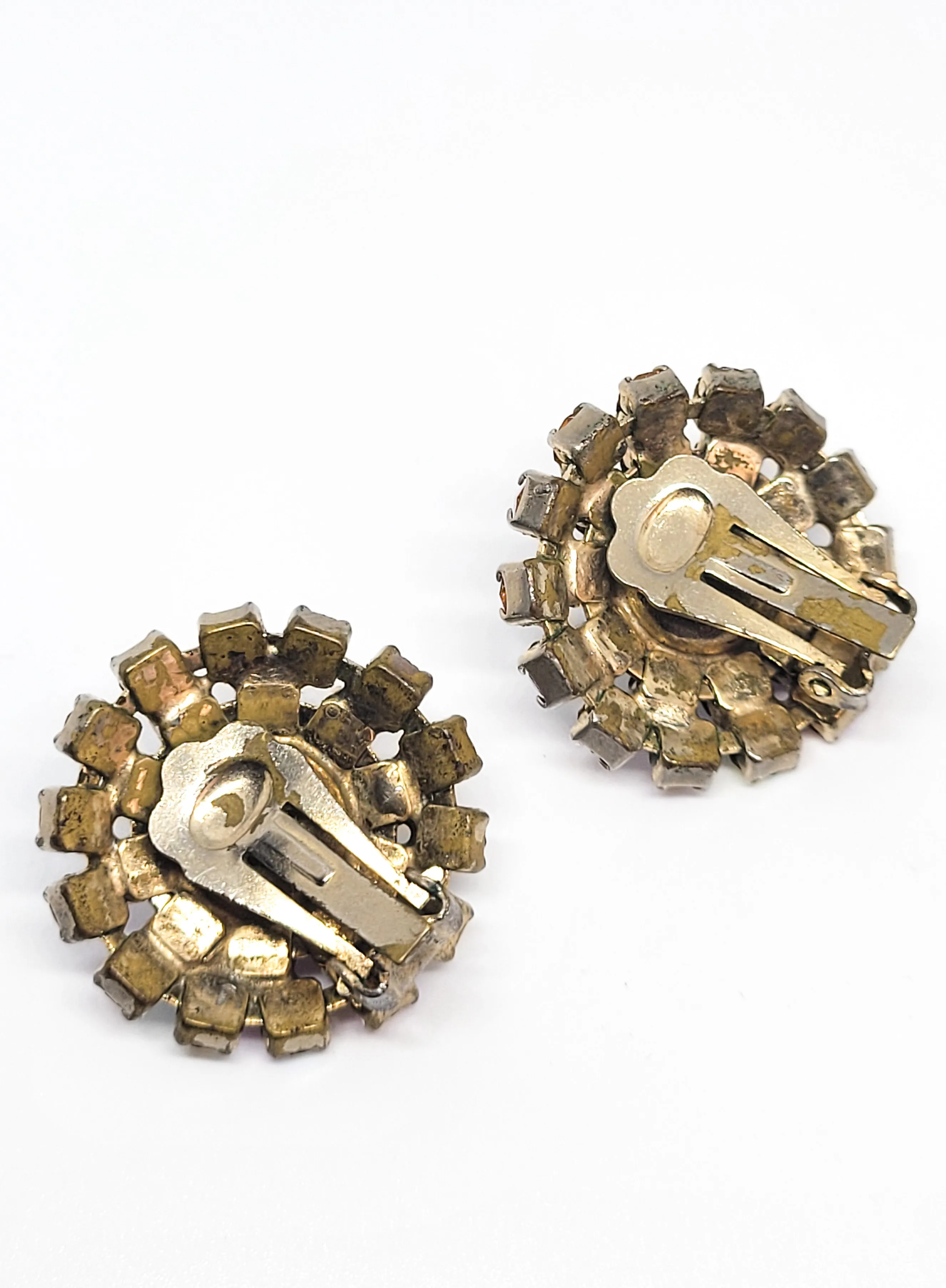 Peach marbled Czech glass with orange aurora borealis clip on earrings mid century