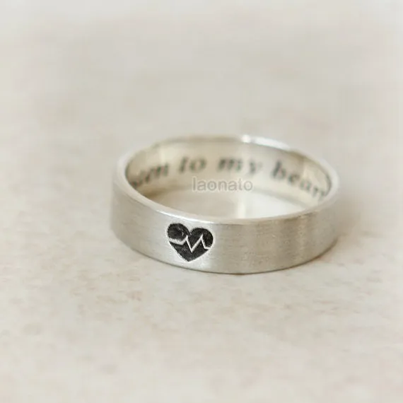 Personalized Heartbeat band Ring in sterling silver / initials, date, words