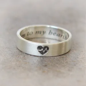 Personalized Heartbeat band Ring in sterling silver / initials, date, words
