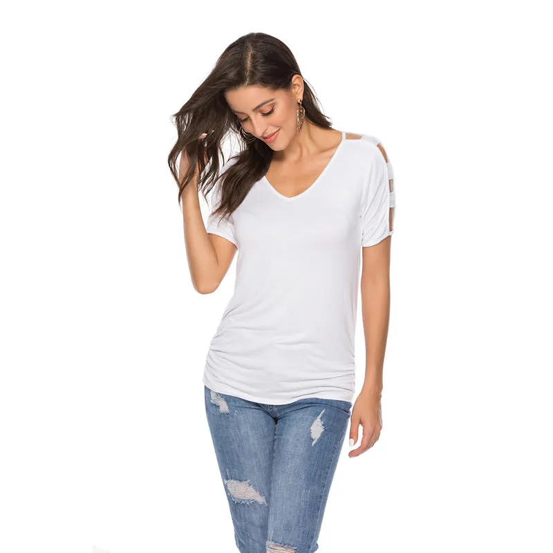 Plus Size V Neck Ripped Sleeve Tee 8456