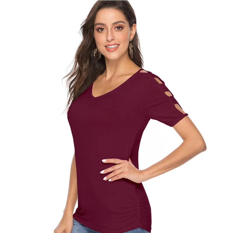 Plus Size V Neck Ripped Sleeve Tee 8456