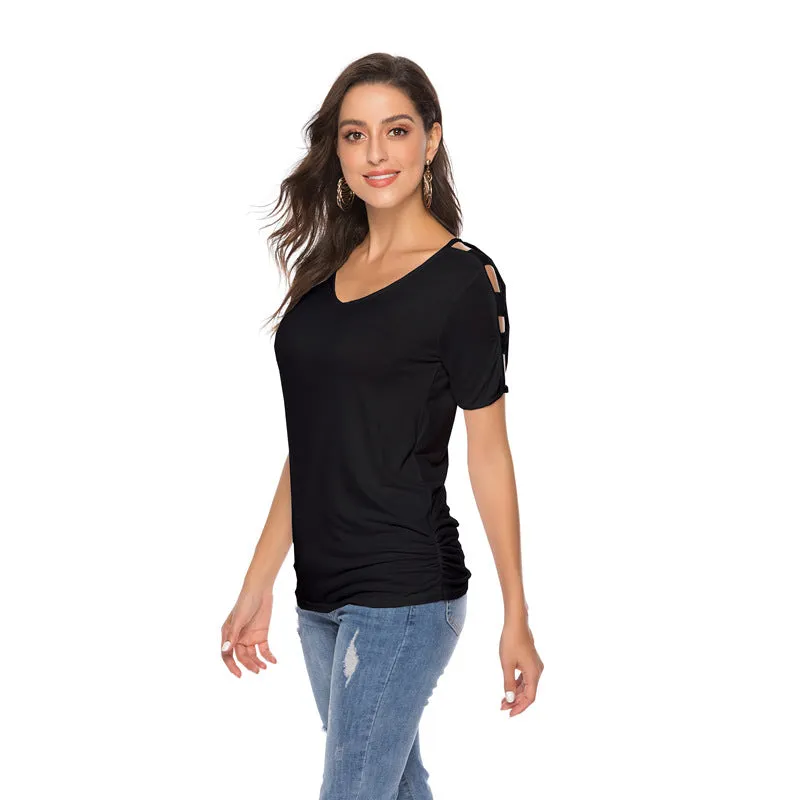 Plus Size V Neck Ripped Sleeve Tee 8456