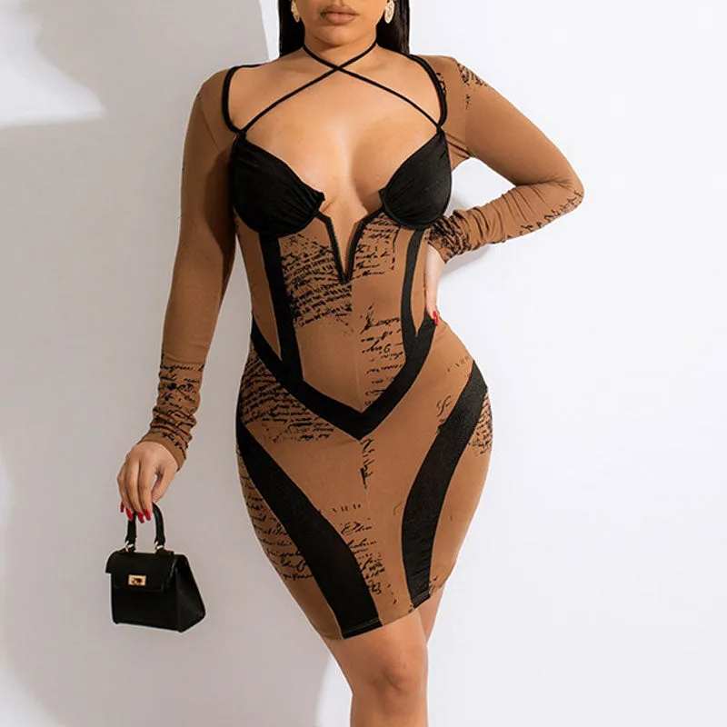 Print Long Sleeve Halter Bodycon Dress