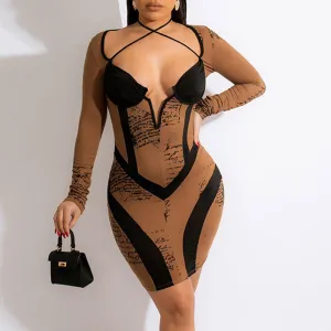 Print Long Sleeve Halter Bodycon Dress