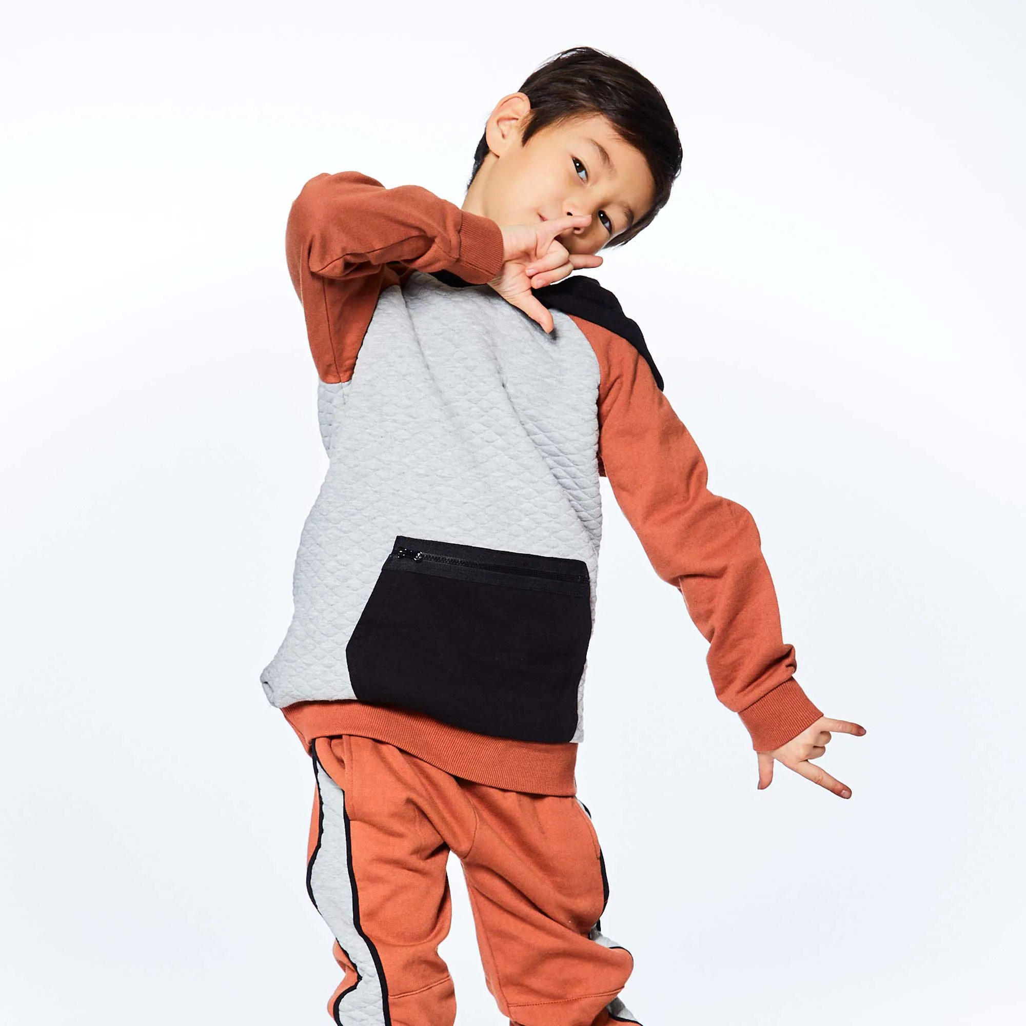 Quilted Hooded Fleece Top With Zipper Pocket Light Heather Grey, Black And Brown