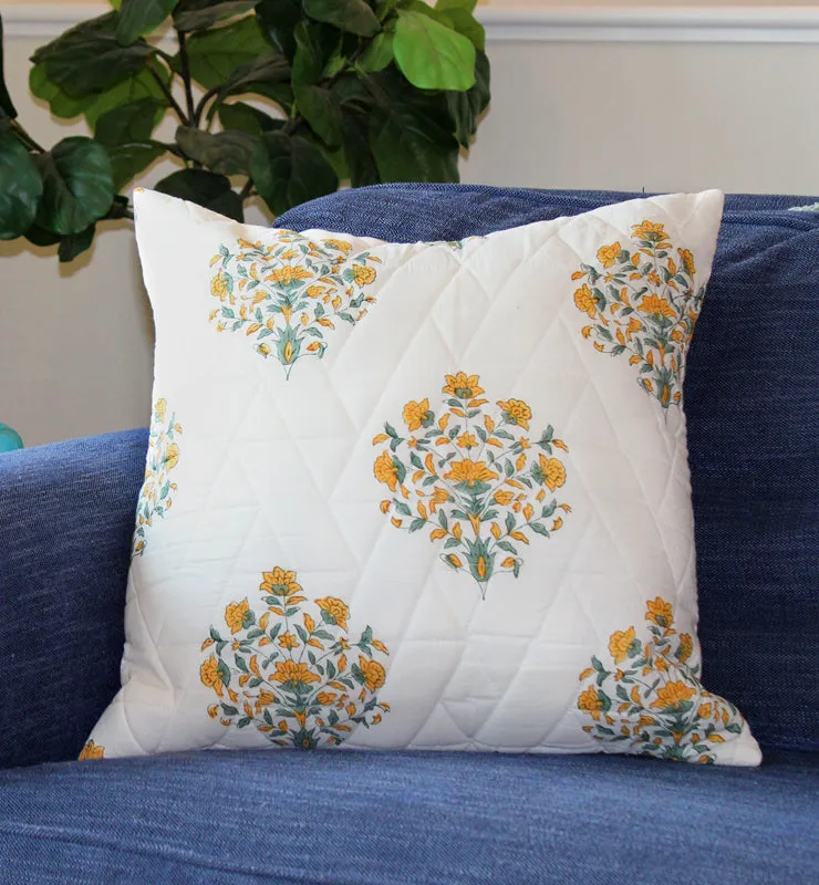 Quilted Yellow and Green Floral Throw Pillow Cover