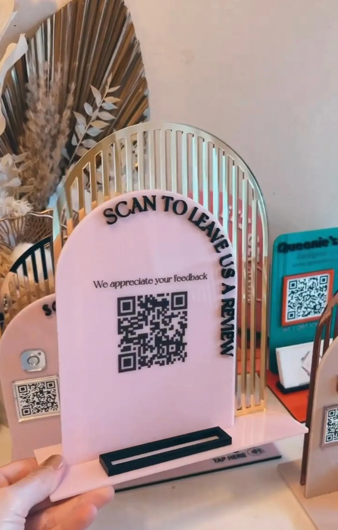 Reviews Double Arch QR Freestanding Sign   Business Card Holder