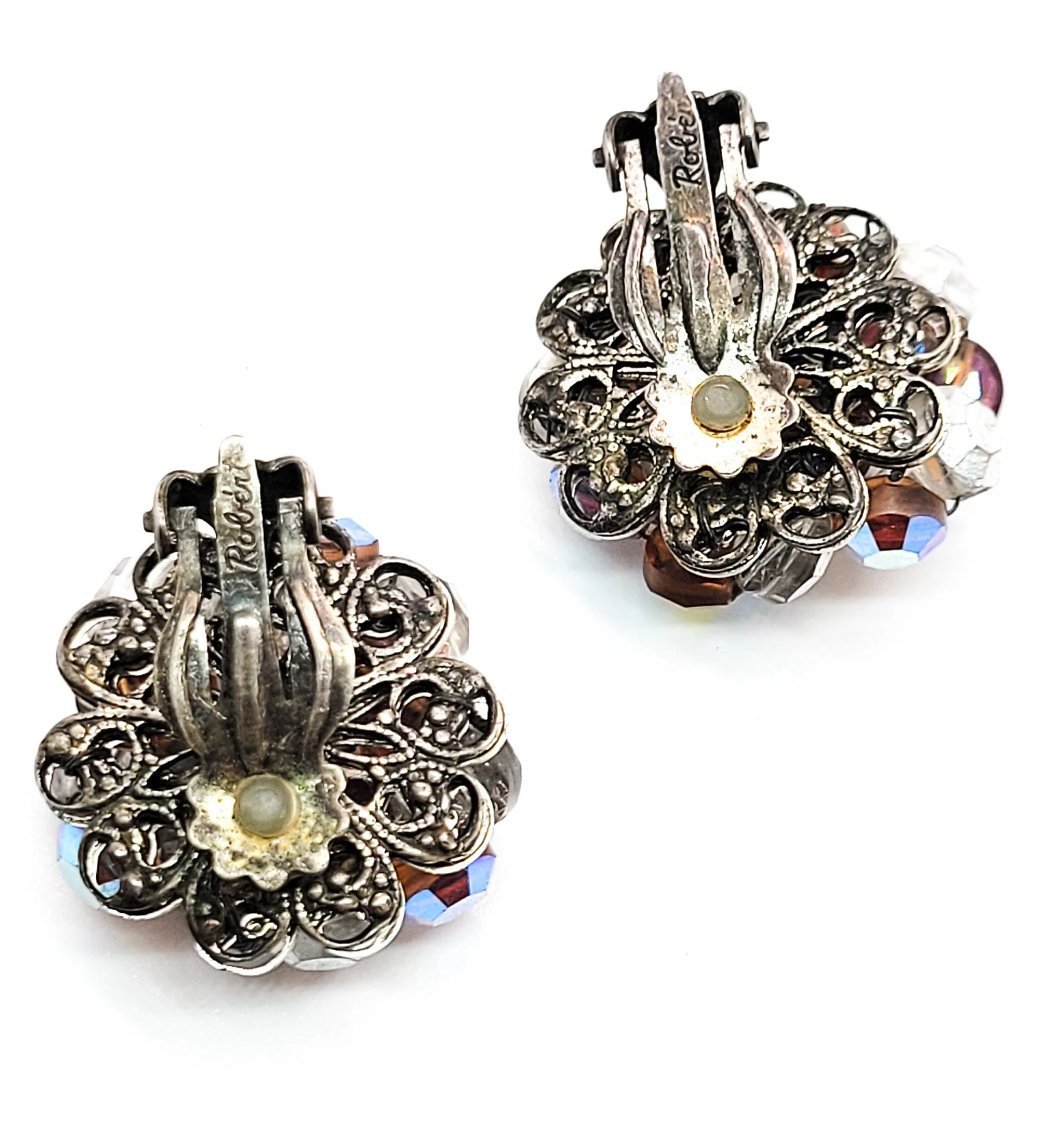 Robert signed vintage Austrian crystal fall AB Aurora Borealis clip on earrings Haskell