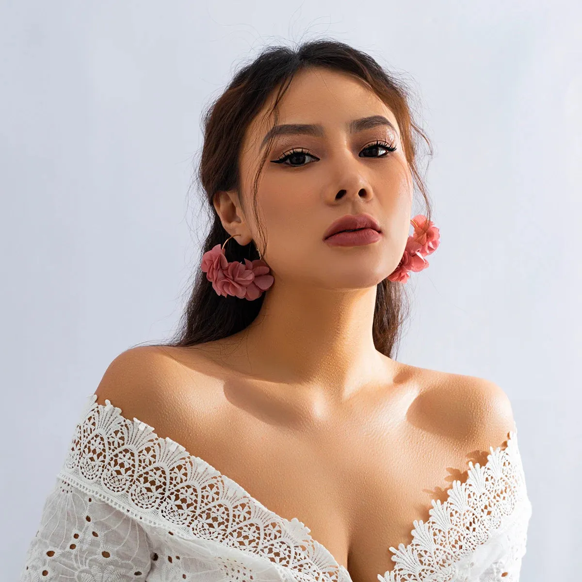 Rose Flower Pendant Hoop Earrings