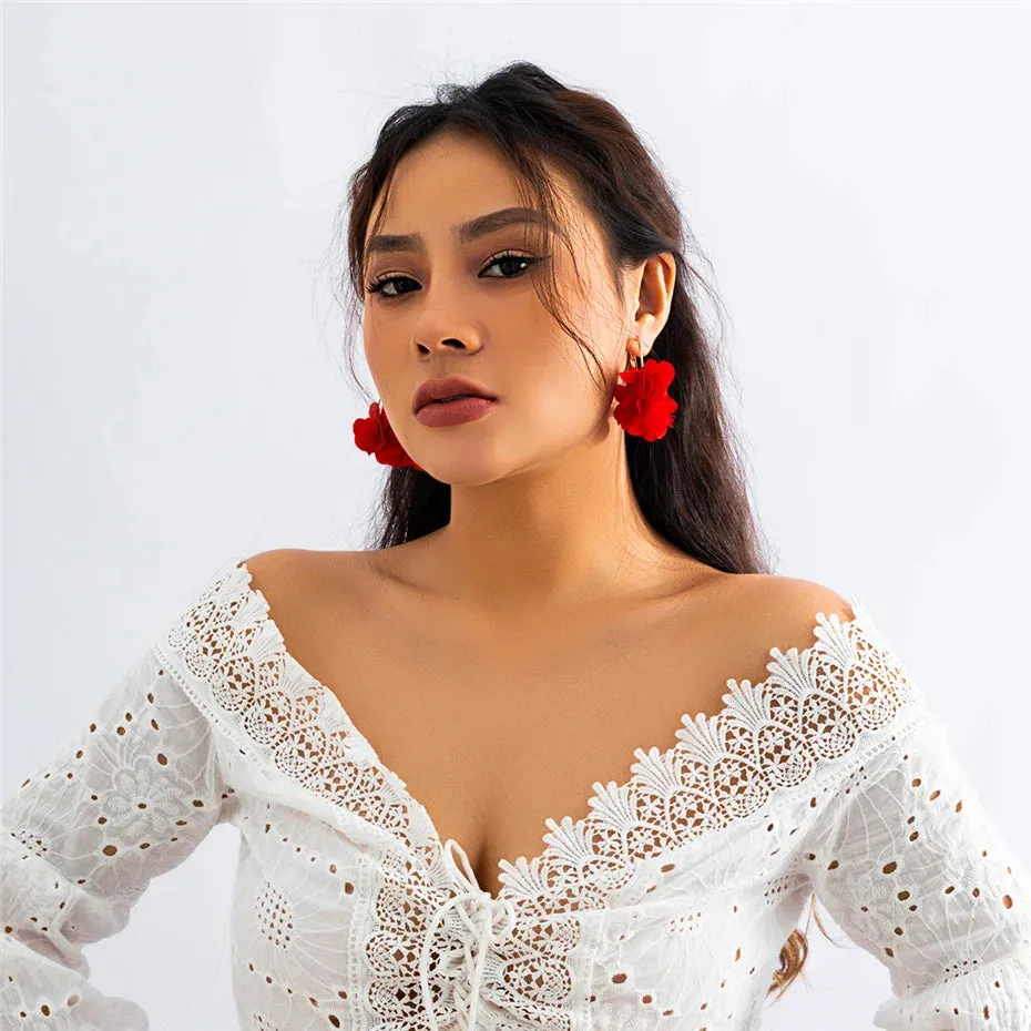 Rose Flower Pendant Hoop Earrings