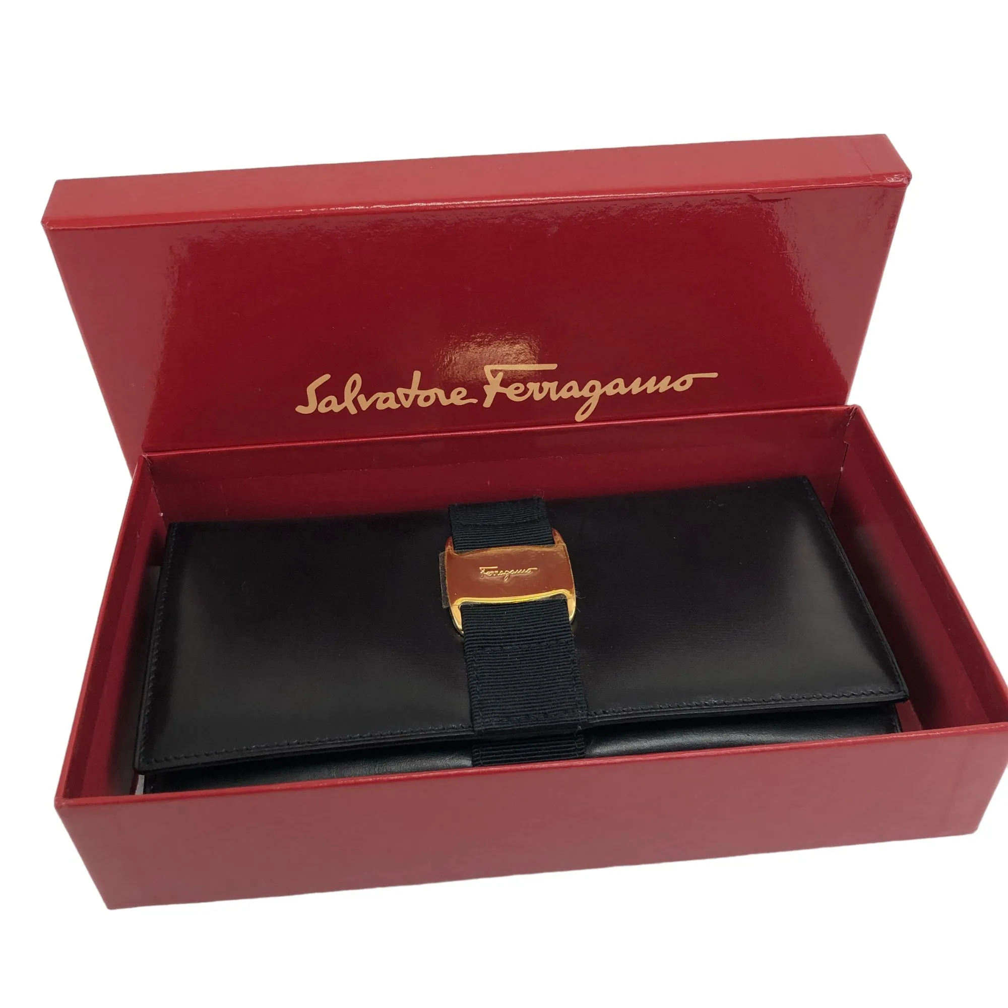 Salvatore Ferragamo Vala Leather Long Wallet Black Vintage gvd2y7