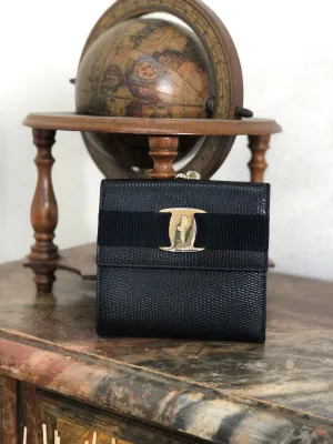 Salvatore Ferragamo Vala Ribbon  Leather Metal Clasp Folded Wallet Black Vintage 2hapn4