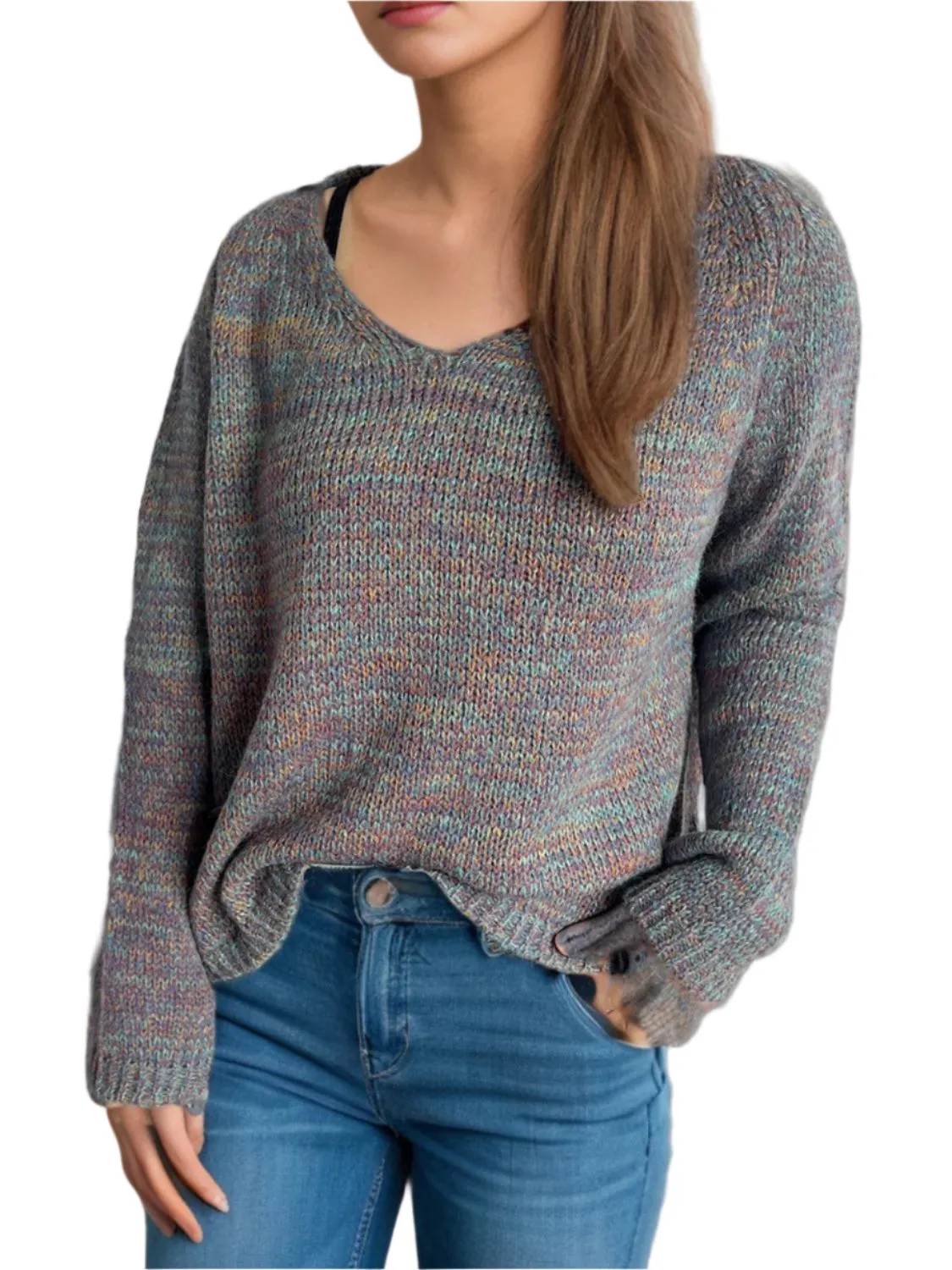 Size Small Heathered Multicolor V-Neck Long Sleeve Sweater