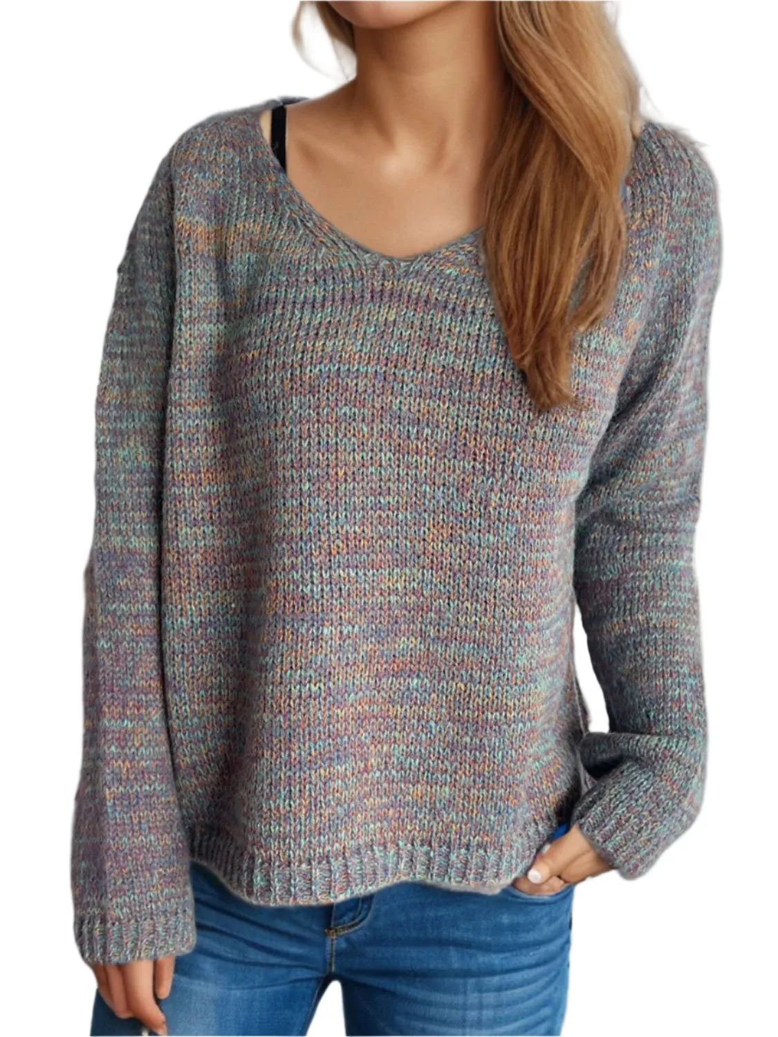 Size Small Heathered Multicolor V-Neck Long Sleeve Sweater