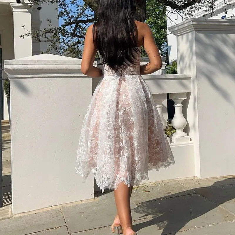Solid Bandeau Floral Pattern Lace Big Swing Dress