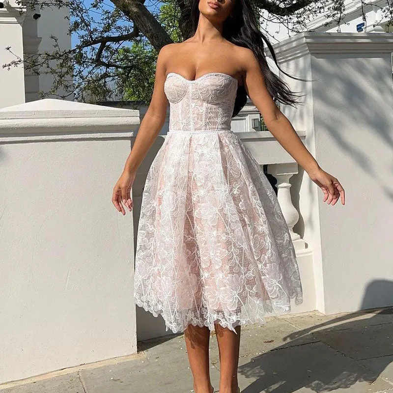 Solid Bandeau Floral Pattern Lace Big Swing Dress