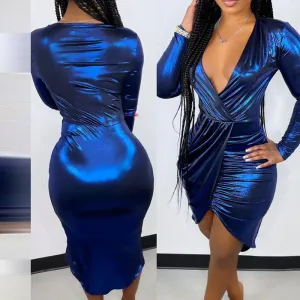 Solid Deep V-Neck Long Sleeve Ruched Bodycon Dress
