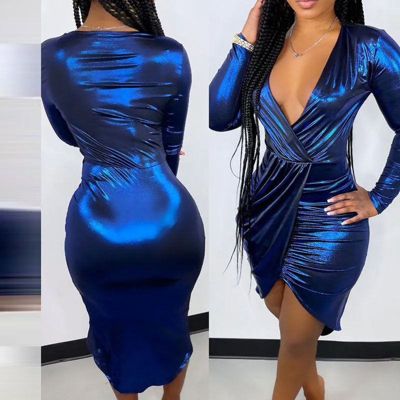 Solid Deep V-Neck Long Sleeve Ruched Bodycon Dress