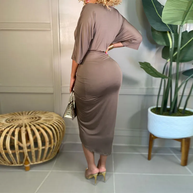 Solid Deep V-Neck Ruched Midi Dress