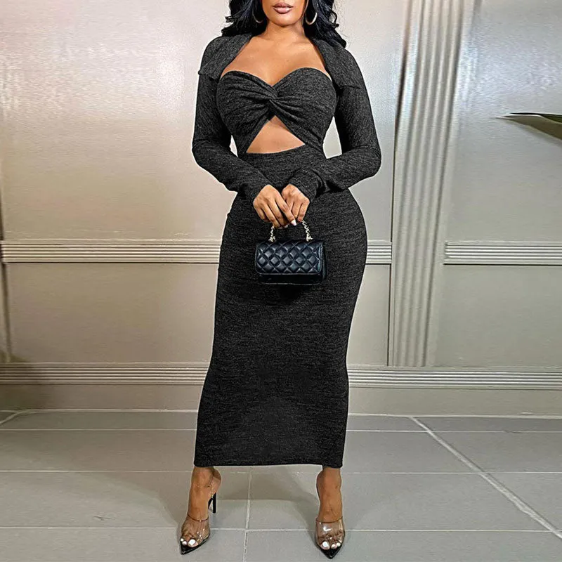 Solid Long Sleeve Cut Out Slit Maxi Dress