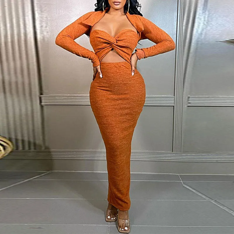 Solid Long Sleeve Cut Out Slit Maxi Dress