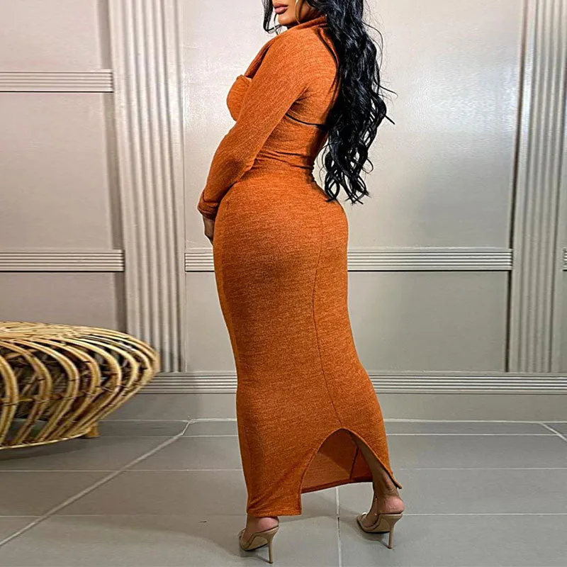 Solid Long Sleeve Cut Out Slit Maxi Dress