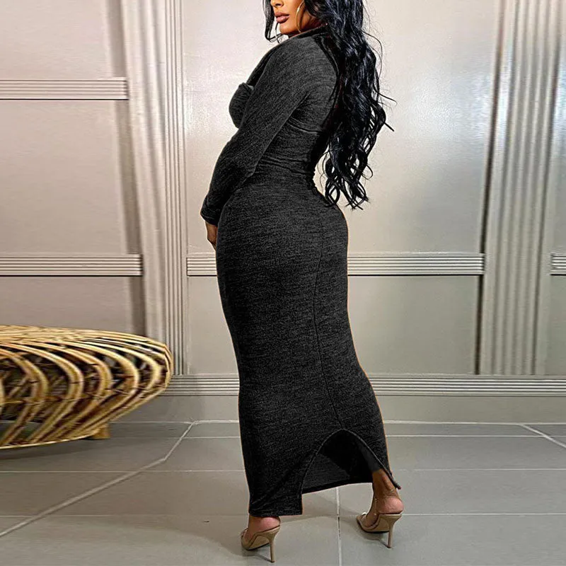 Solid Long Sleeve Cut Out Slit Maxi Dress