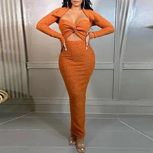 Solid Long Sleeve Cut Out Slit Maxi Dress