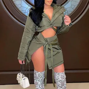 Solid Long Sleeve Hoodie Cotton Coat & Bandage Skirt Set