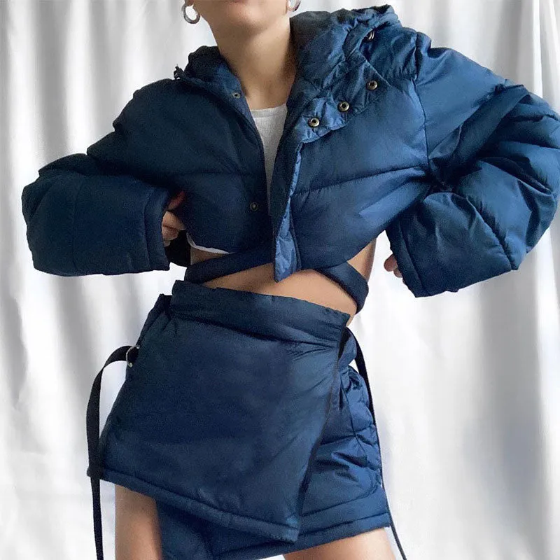 Solid Long Sleeve Hoodie Cotton Coat & Bandage Skirt Set