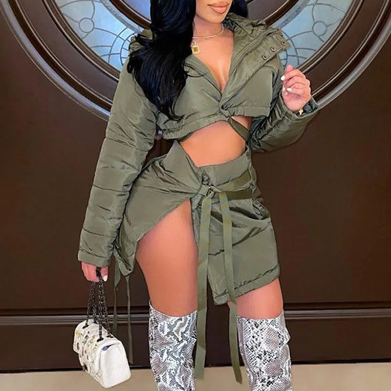 Solid Long Sleeve Hoodie Cotton Coat & Bandage Skirt Set