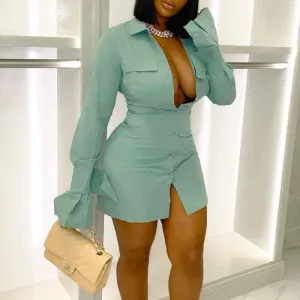 Solid Long Sleeve Shirt Dress