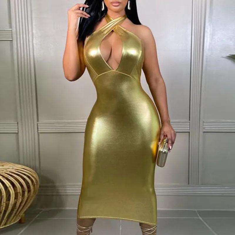 Solid Sleeveless Halter Cut Out Midi Dress