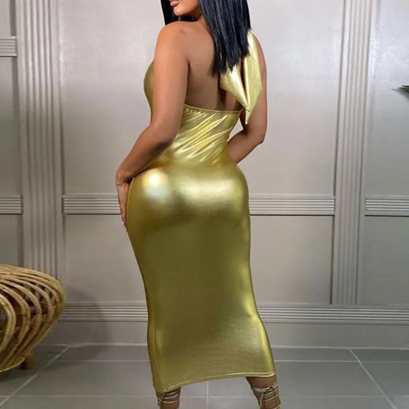 Solid Sleeveless Halter Cut Out Midi Dress