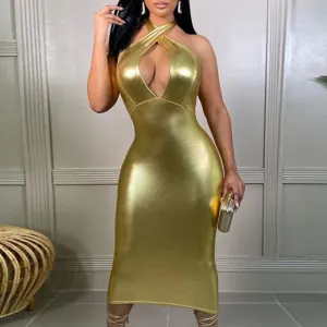 Solid Sleeveless Halter Cut Out Midi Dress