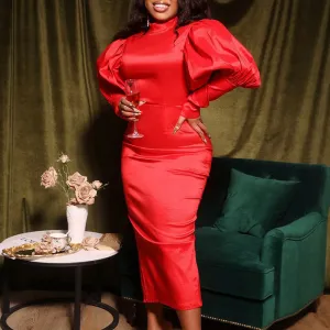 Solid Turtleneck Lantern Sleeve Midi Dress
